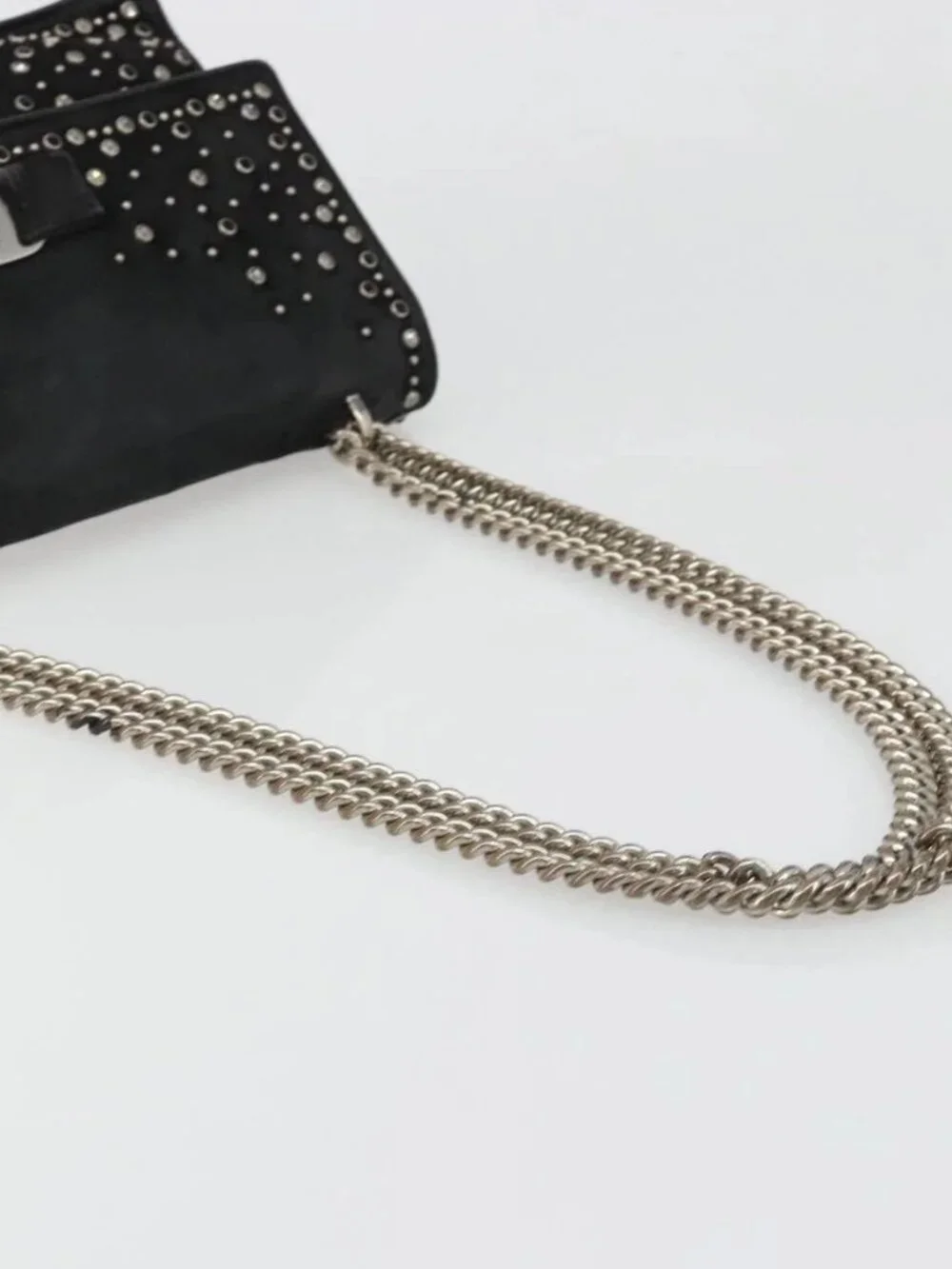 Salvatore Ferragamo Vala Chain Shoulder Bag Suede Black Silver Auth 187258A